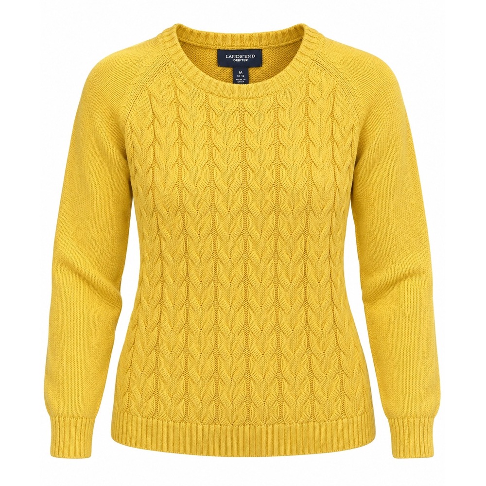 Lands' End Drifter Women's M 10-12 Yellow Cable Knit Cotton Crewneck Sweater